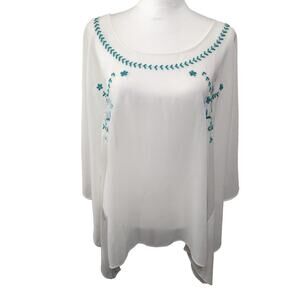 Ariat womens poncho top white & turquoise Xl sheer Poncho pullover blouse GUC